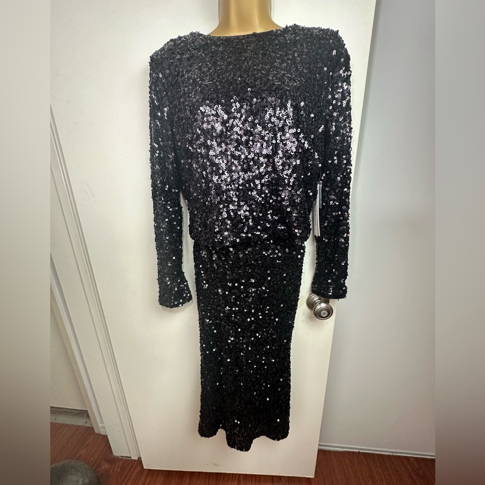 Aqua Bloomingdale's Exclusive Black Sparkly Sequin Long Sleeve Top/Skirt NWT M/L